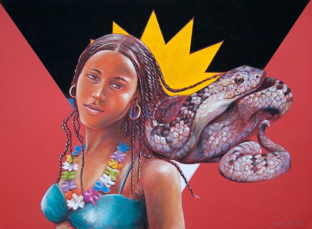 Portrait lady and snake Antigua and Barbuda, pastel 70 x 60cm