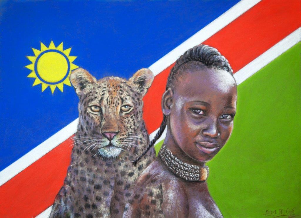 Portrait lady and leopard Namibia, pastel 70 x 60cm